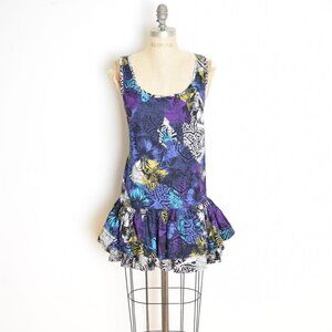 vintage 80s dress Hawaiian tropical floral print tiered ruffle drop waist mini M